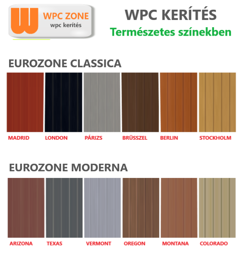 EUROZONE wpc kerítés színskála természetes wpc színek