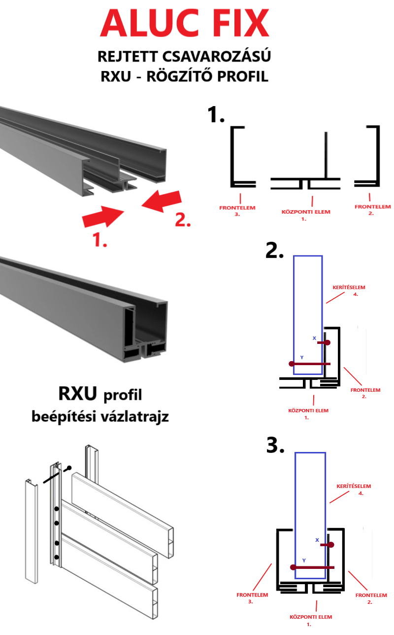 Rejtett csavarozású alu kerítés rögzítés RXU profil alu kerítéshez